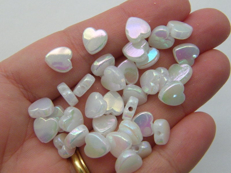 100 Heart beads white AB acrylic AB68