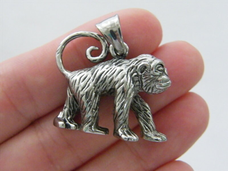 1 Monkey pendant antique silver tone stainless steel A369