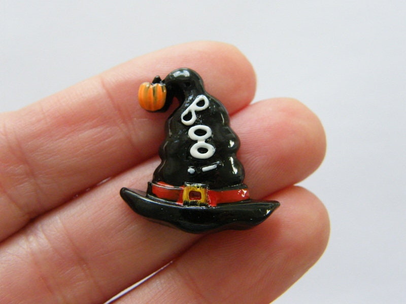 6 Boo witch hat black Halloween embellishment cabochon resin HC189