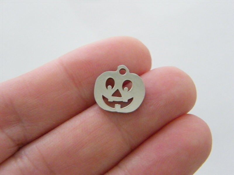 2  Pumpkin Jack o lantern cut out charms silver tone stainless steel HC229