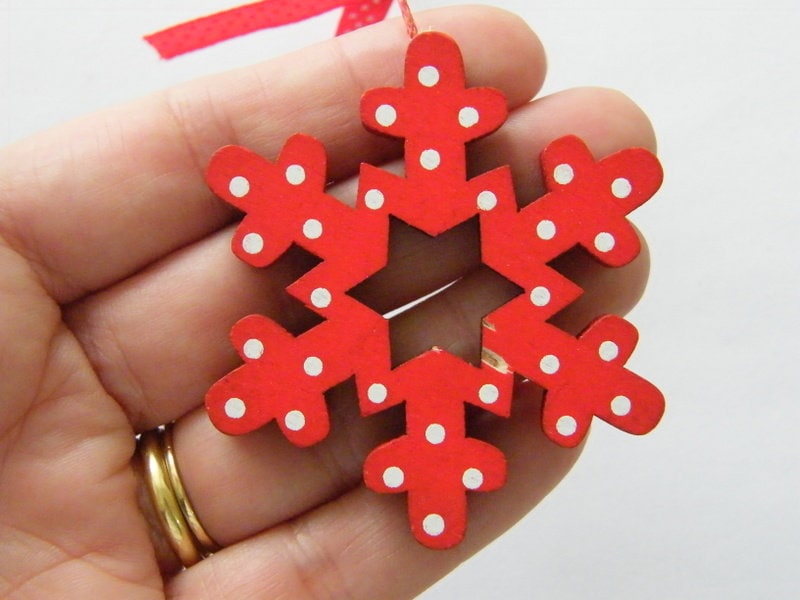 2 Christmas snowflake red white dots embellishment wood CT  - SALE 50% OFF