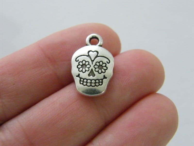 10 Skull charms antique silver tone HC291