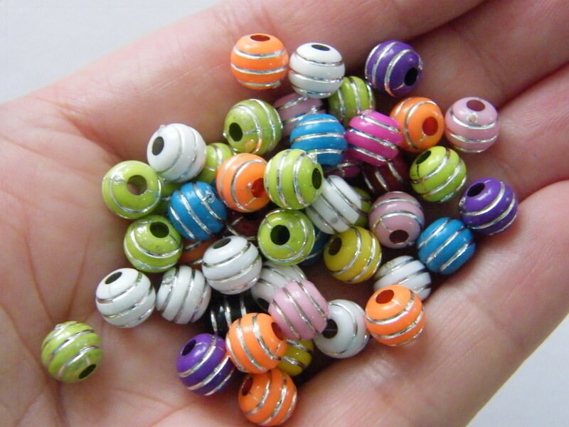 100 Striped beads random mixed 7mm acrylic AB148  - SALE 50% OFF