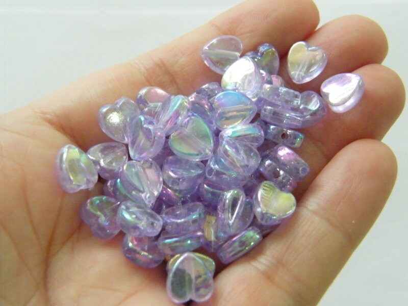 100 Heart beads purple  lilac AB acrylic AB104