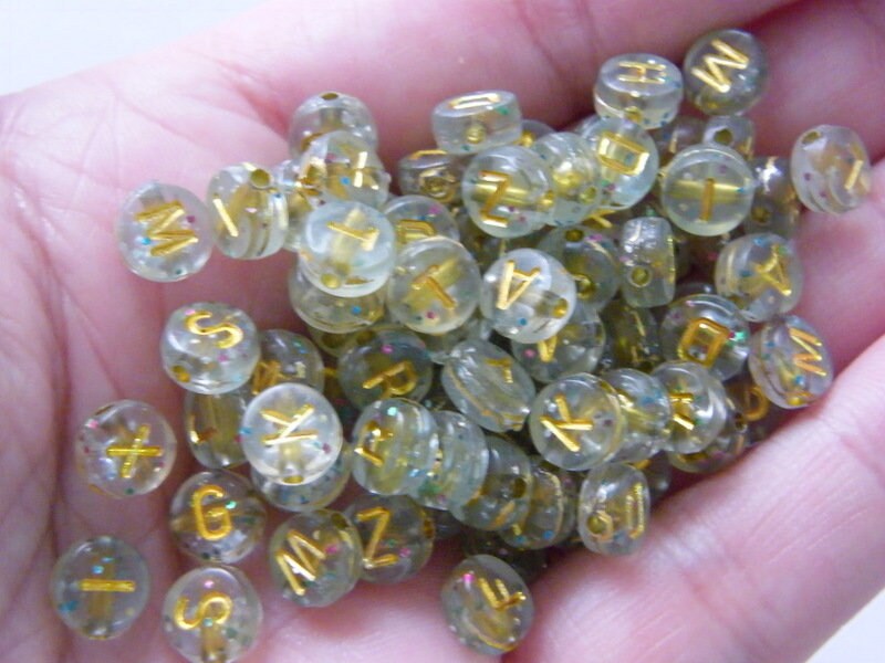 100 Clear gold glitter letter alphabet beads RANDOM mixed acrylic AB15  - SALE 50% OFF