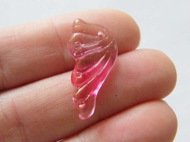 6 Butterfly wing charms red clear glitter glass A724