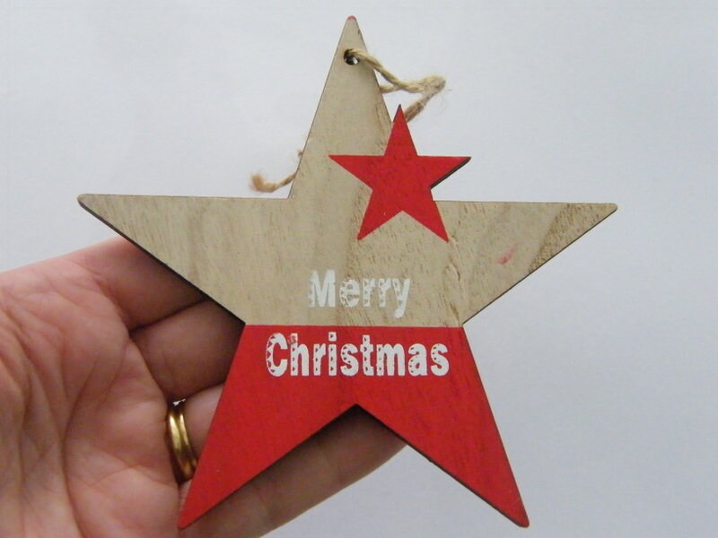 2 Star Merry Christmas red wood pendants CT  - SALE 50% OFF