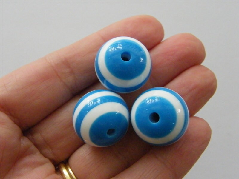 10 Blue and white stripe 20mm resin beads AB669  - SALE 50% OFF