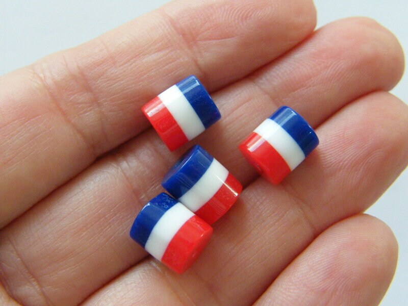 50 Red white blue stripe barrel beads resin AB388 - SALE 50% OFF