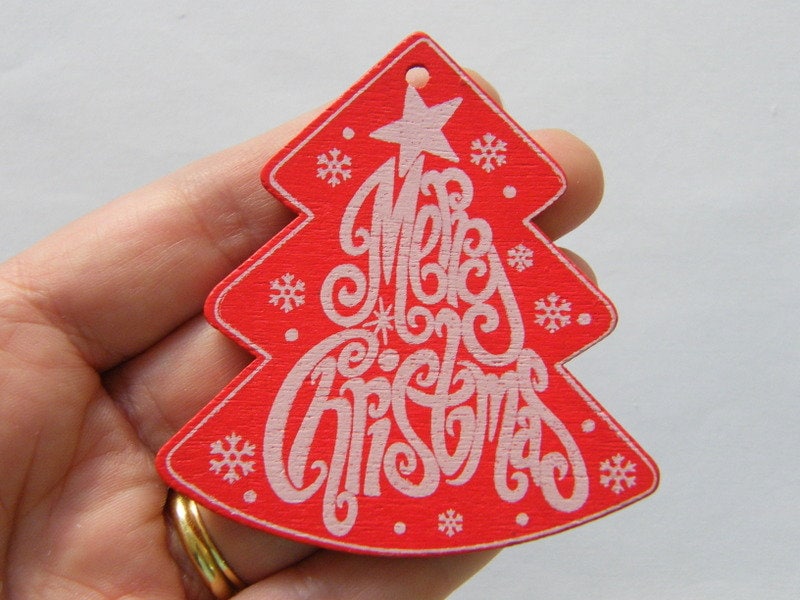 4 Merry Christmas red white pendants wood CT  - SALE 50% OFF