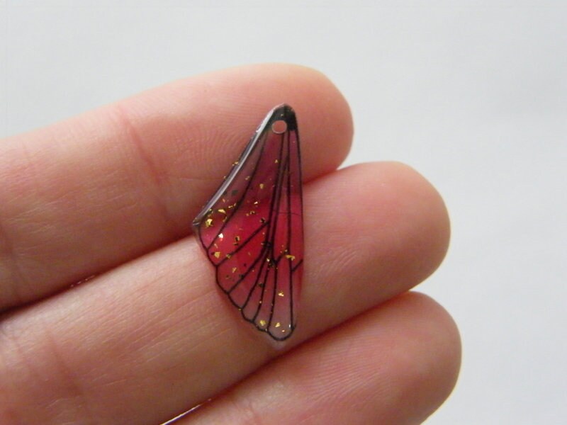 4 Butterfly insect wing charms dark pink glitter resin A636