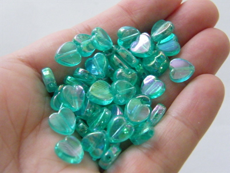 100 Heart beads green AB acrylic AB105  - SALE 50% OFF