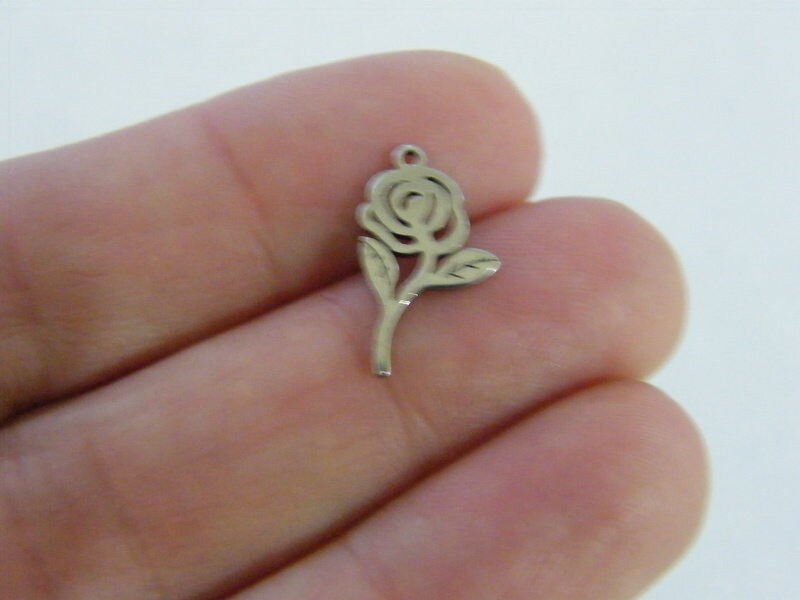6 Rose flower charms stainless steel F376