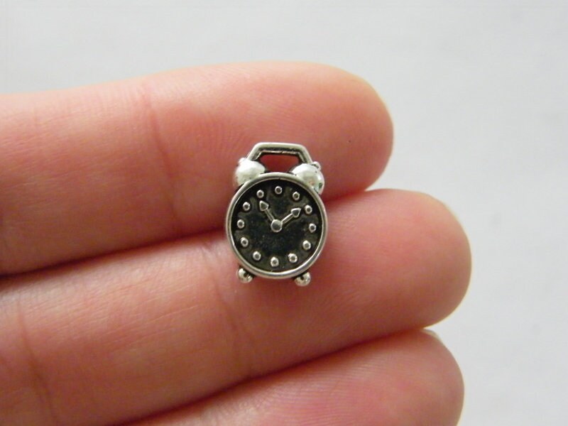 10 Alarm clock charms antique silver tone P369