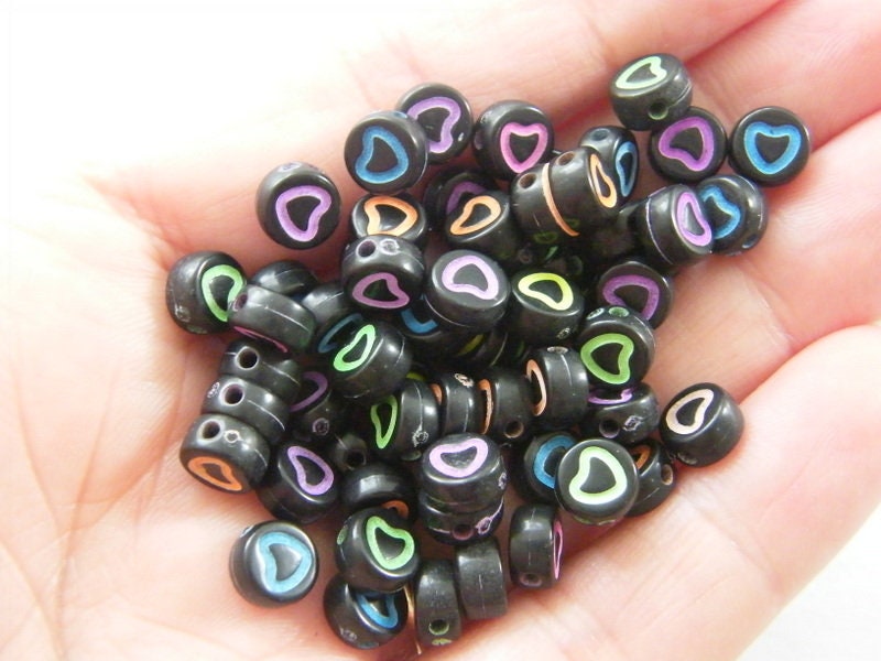 100 Black coloured heart beads 7mm random mixed acrylic AB183  - SALE 50% OFF