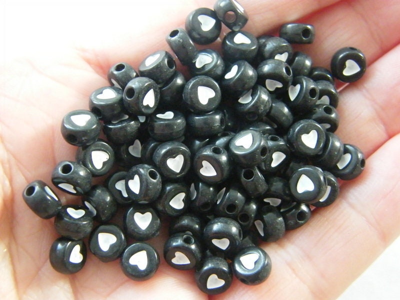 100 Black and white heart beads AB88 - SALE 50% OFF
