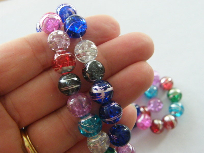 80 Silver and colours mixed random crack beads 10mm glass B198  - SALE 50% OFF