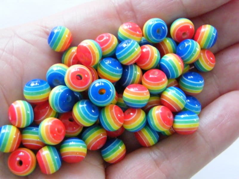 50 Striped rainbow resin 8mm beads AB130  - SALE 50% OFF