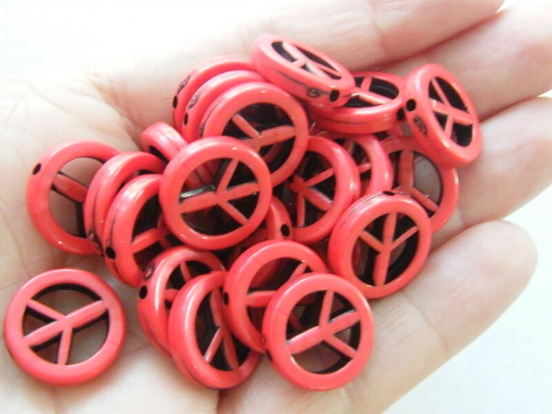 50 Red with black acrylic plastic peace sign beads BB523  - SALE 50% OFF