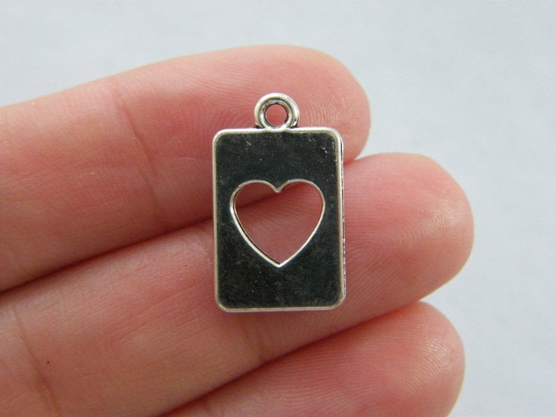 10 Heart cut out rectangle charms antique silver tone H167