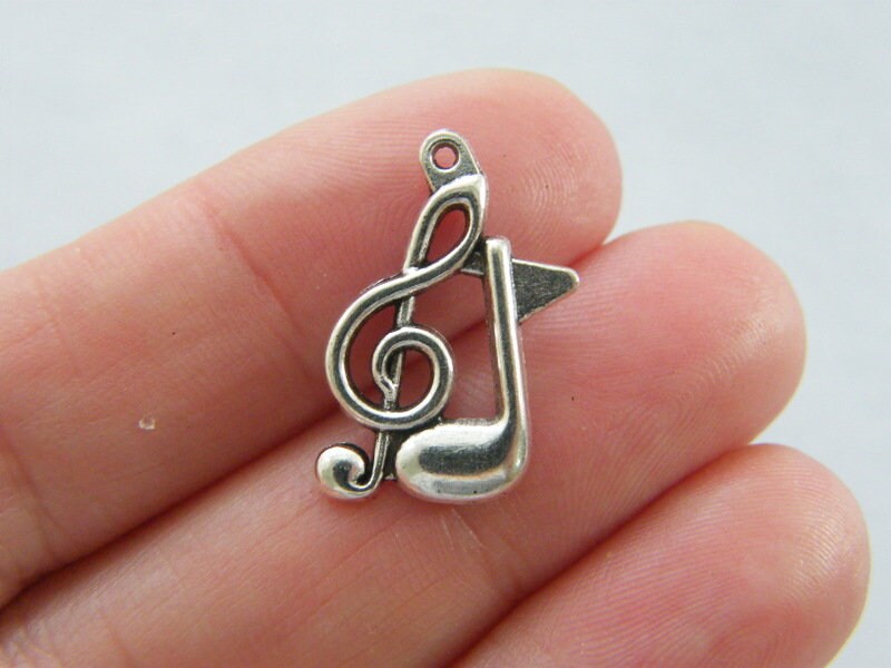 10 Double music note charms antique silver tone MN15