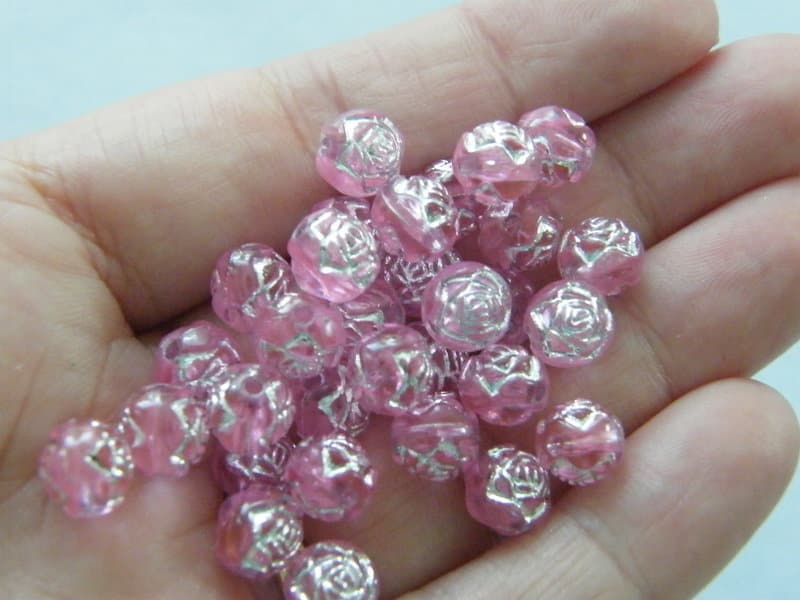 100 Pink silver rose beads AB 8mm acrylic  BB583  - SALE 50% OFF