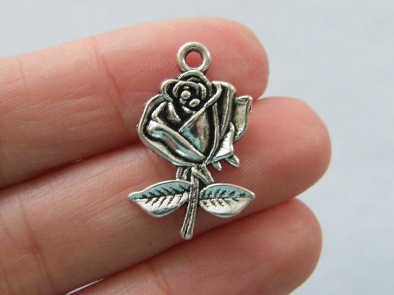8 Rose flower charms antique silver tone F180