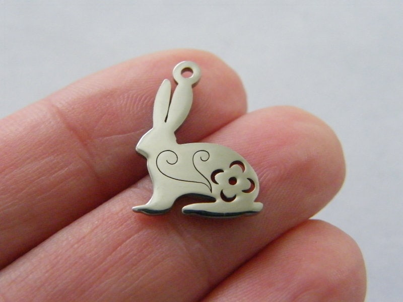 2 Rabbit charms silver tone stainless steel A891