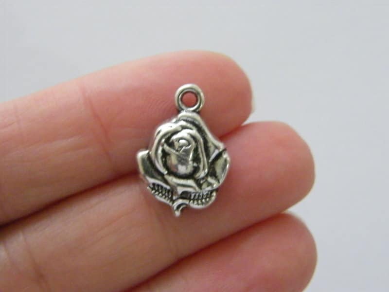 8 Rose flower charms antique silver tone F202