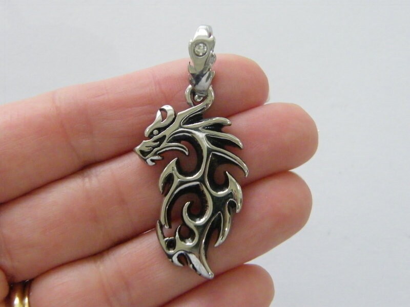 1 Dragon pendant antique silver tone stainless steel A892