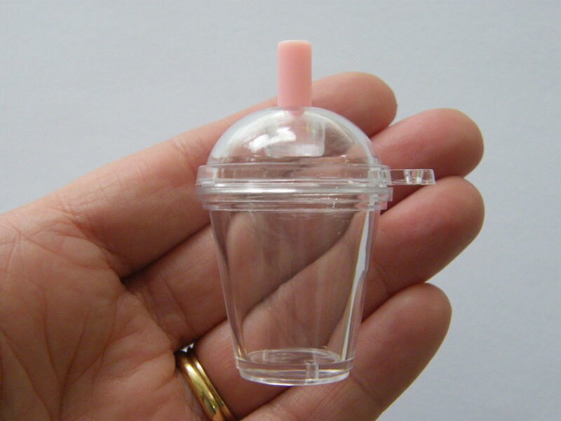 1 Take out drink cup pink straw clear plastic pendant FD575