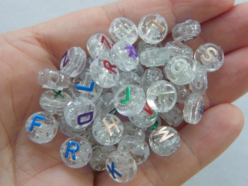 100 Acrylic round alphabet 9.5mm letter clear glitter RANDOM mixed beads BB527