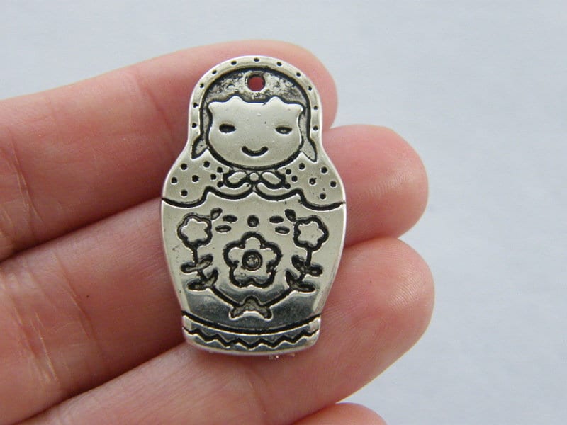 6 Nesting doll pendants charms antique silver tone WT7