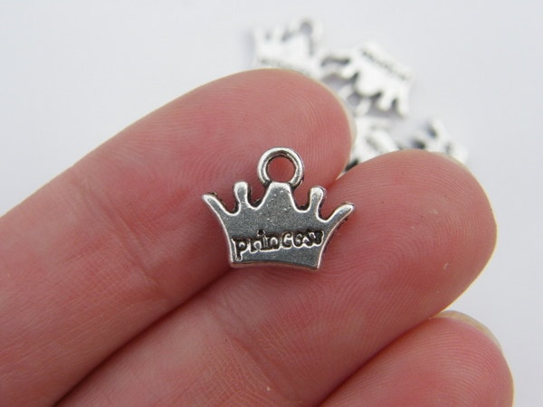 10 Princess crown charms antique silver tone CA36