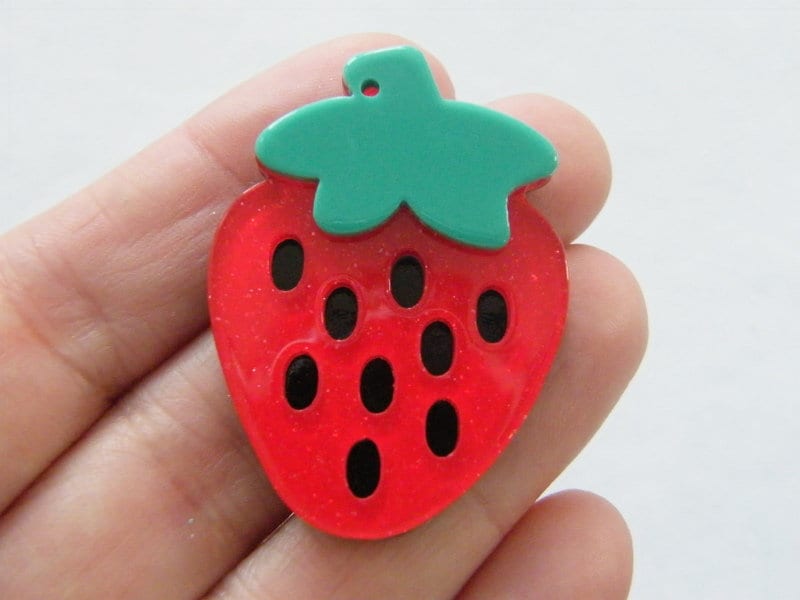 4 Beautiful Strawberry pendants red black green resin FD549