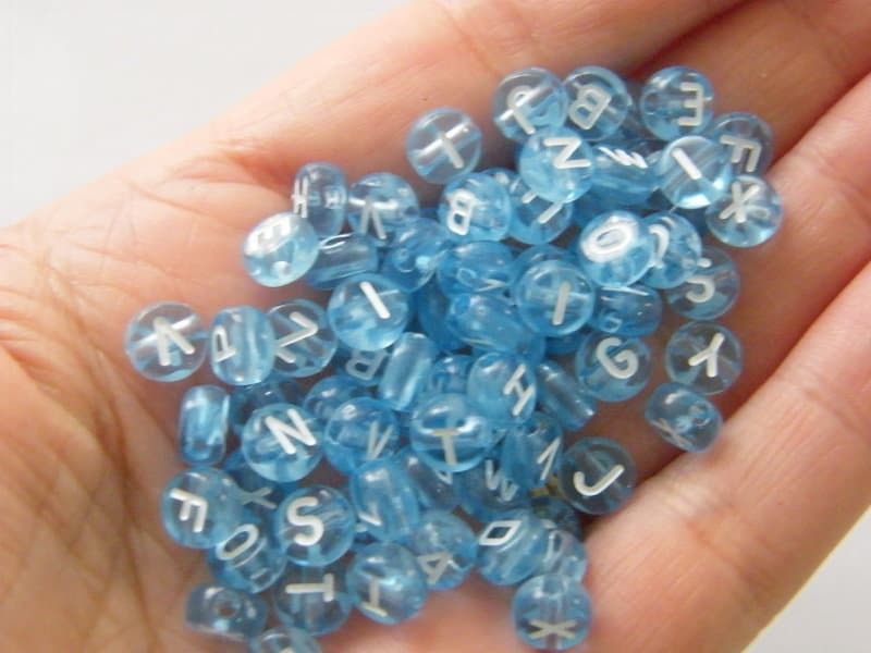 100 Letter alphabet beads blue and white RANDOM mixed acrylic AB232  - SALE 50% OFF