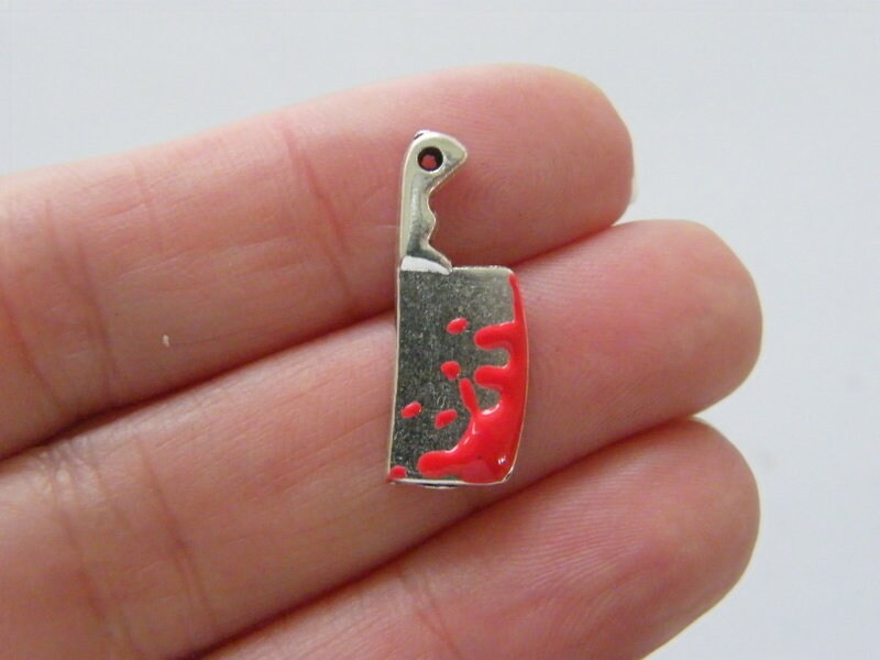 4 Bloody meat cleaver knife charms red antique silver tone HC887
