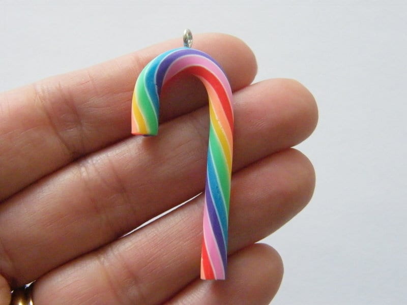 2 Candy cane Christmas charms rainbow resin FD597