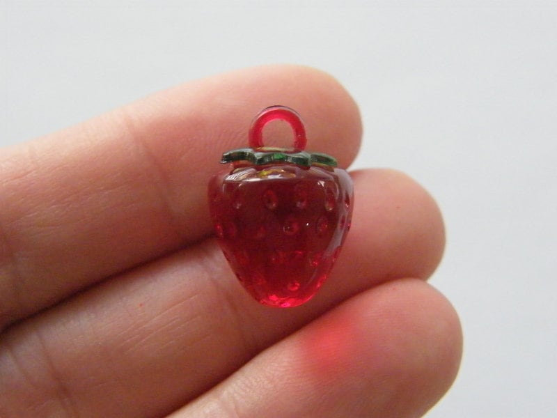 4 Strawberry charms green red acrylic FD625