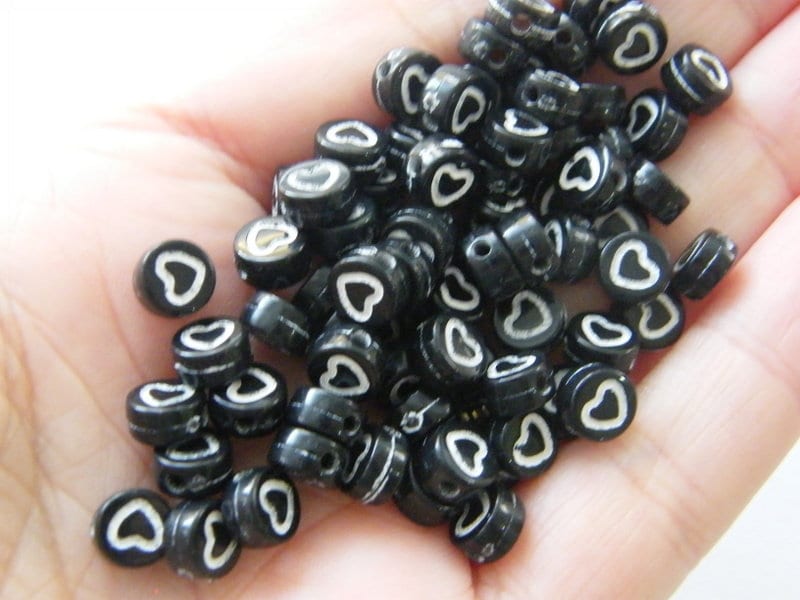 100 Heart bead black white AB239 - SALE 50% OFF