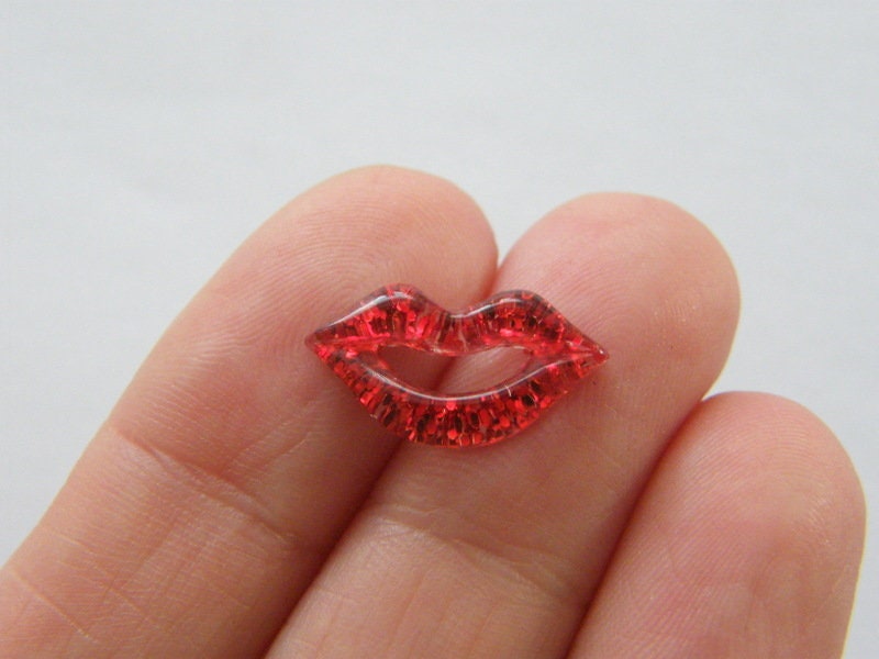 30 Lip mouth kiss embellishment cabochons red glitter resin P147