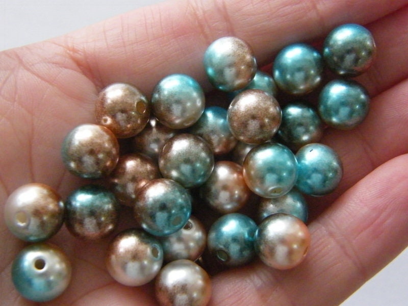 40 Blue brown and white 10mm gradient mermaid acrylic beads BB576 - SALE 50% OFF