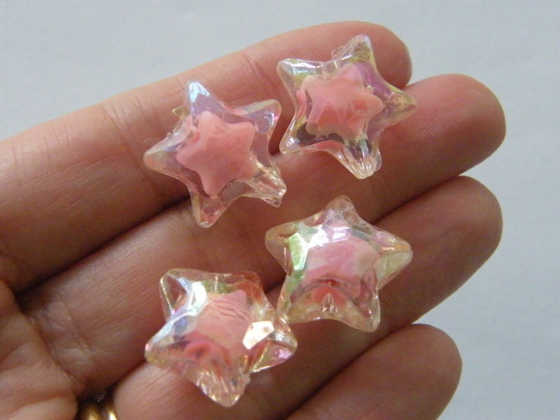 8 Star beads pink faceted AB acrylic AB227 - SALE 50% OFF