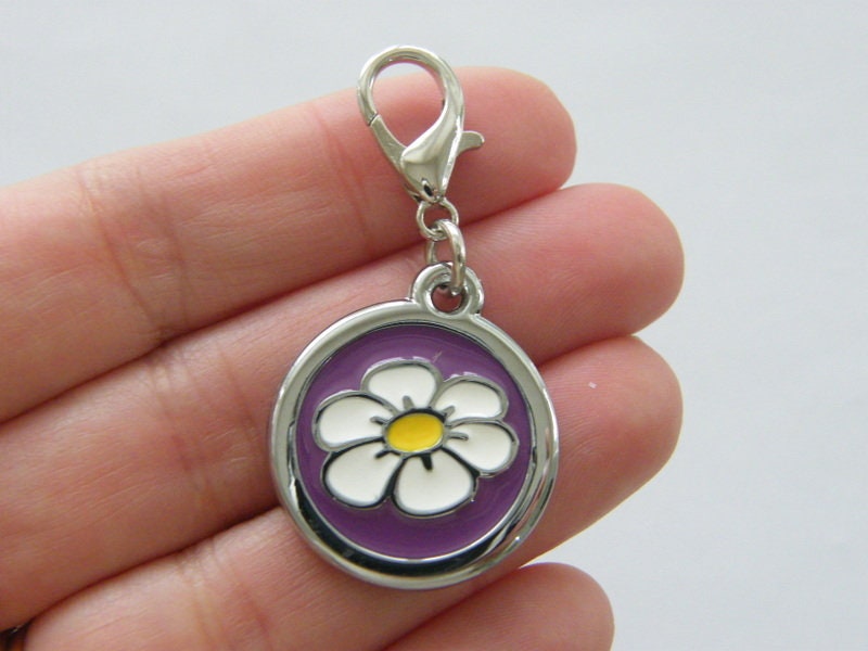 2 Flower daisy clip on charms purple enamel silver tone F