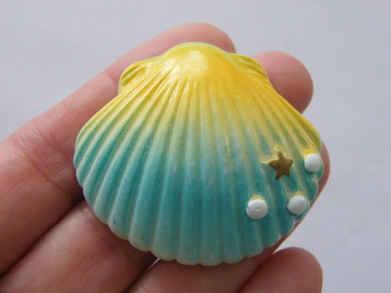 4 Large scallop shell embellishment cabochons yellow blue resin FF