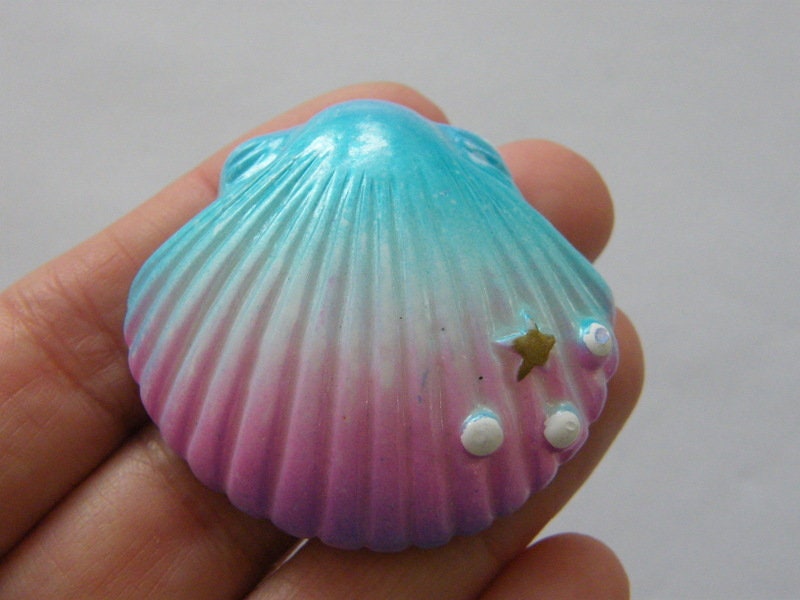 2 Scallop shell embellishment cabochons blue pink resin FF