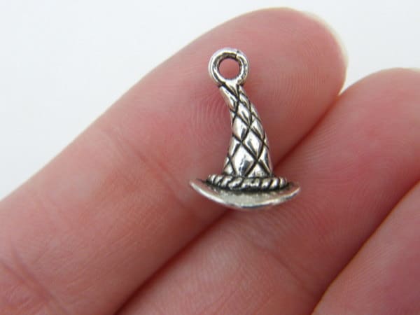BULK 50 Witch or wizard hat charms antique silver tone HC108