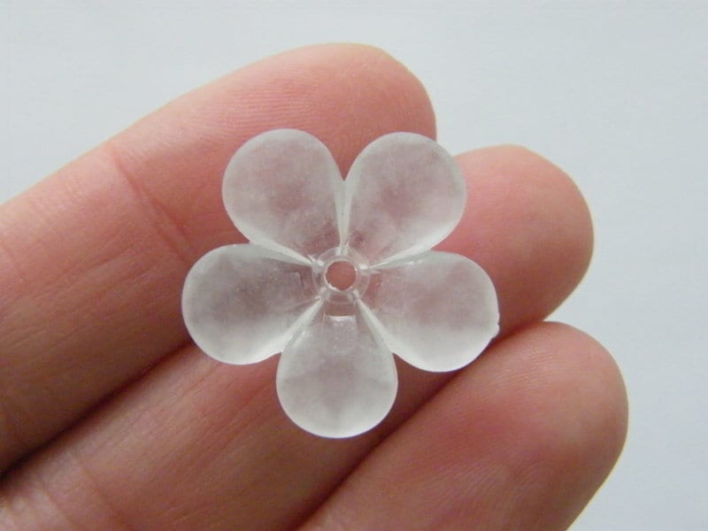 20 Flower beads clear smoky white frosted acrylic BB763