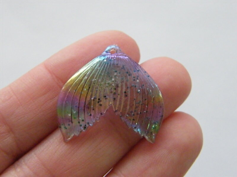 8 Mermaid tail pendants black AB glitter acrylic FF622