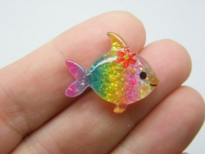 8 Fish embellishment cabochons rainbow glitter powder resin FF595